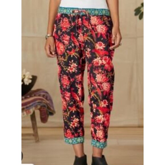 Sundance Leia Asian Floral Peacock Print Crop Pant Women Medium Black Red Retro - Picture 1 of 10